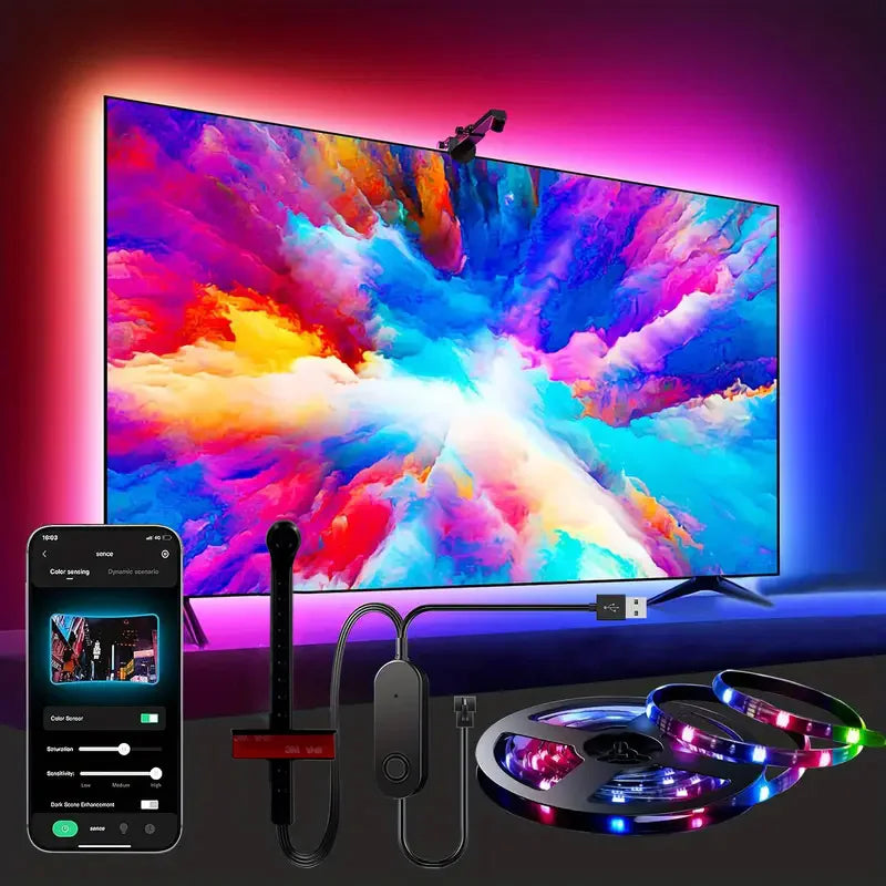 RGBIC LED TV Backlight Strip with Color Picking Sensor Music Sync App and Controler